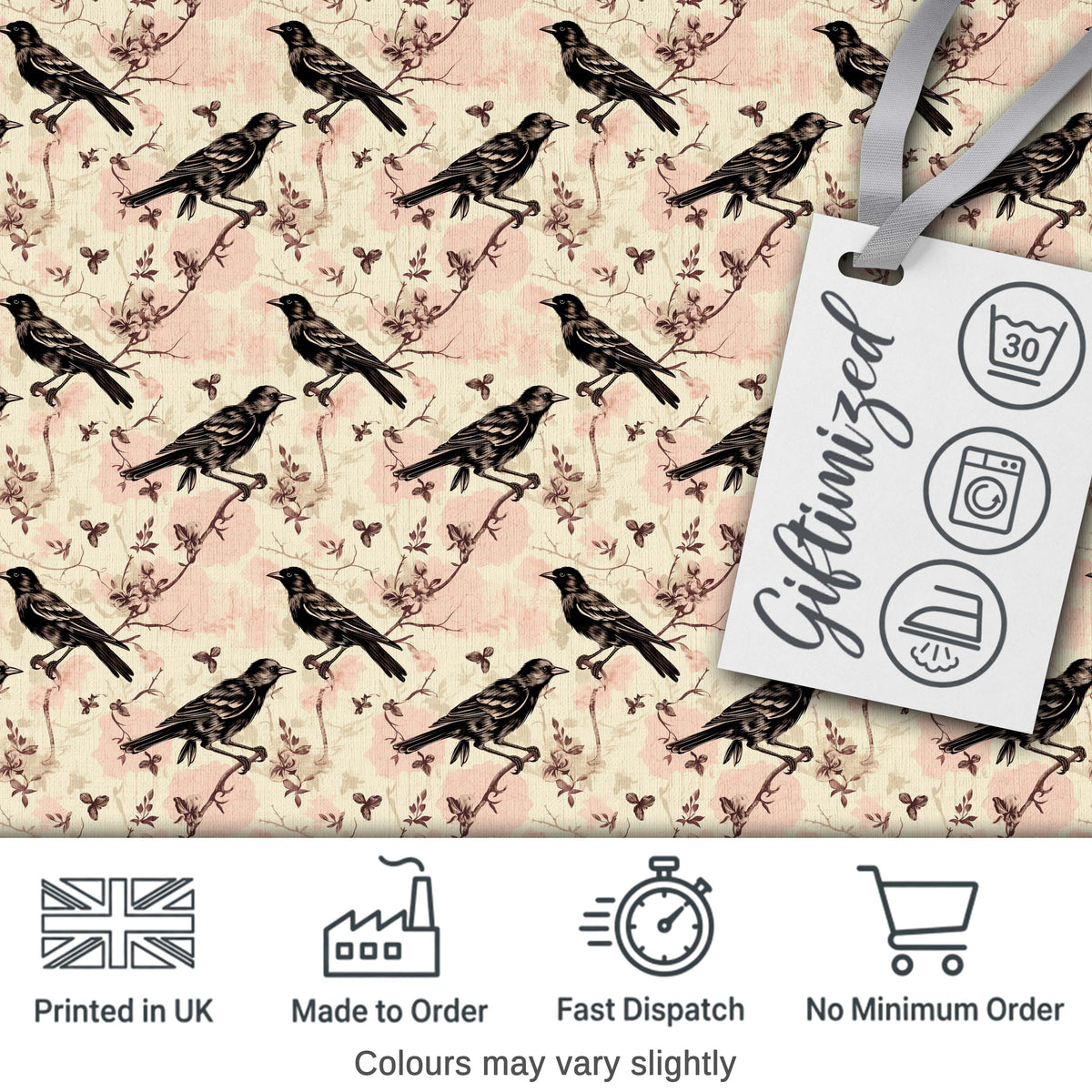 Vintage Brown Black Birds with Floral Branch Seamless Pattern Digital Print Fabric by the Metre UK Sewing Quilting Textile
