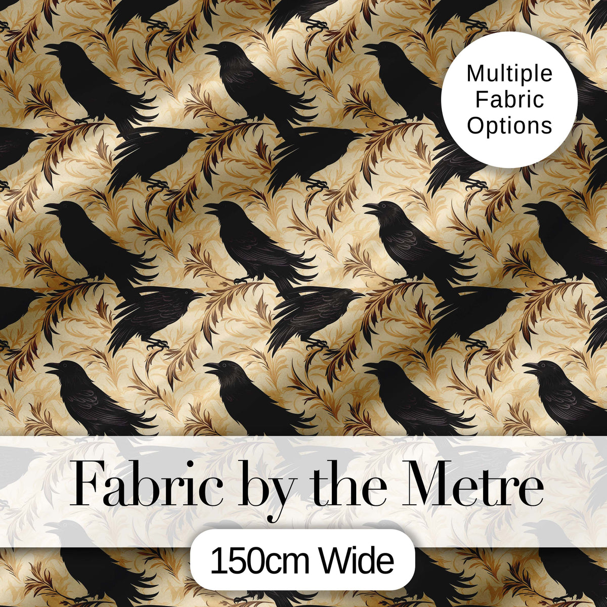 Gothic Raven Seamless Pattern on Beige Vintage Floral Background Digital Print Fabric by the Metre UK Sewing Quilting Textile