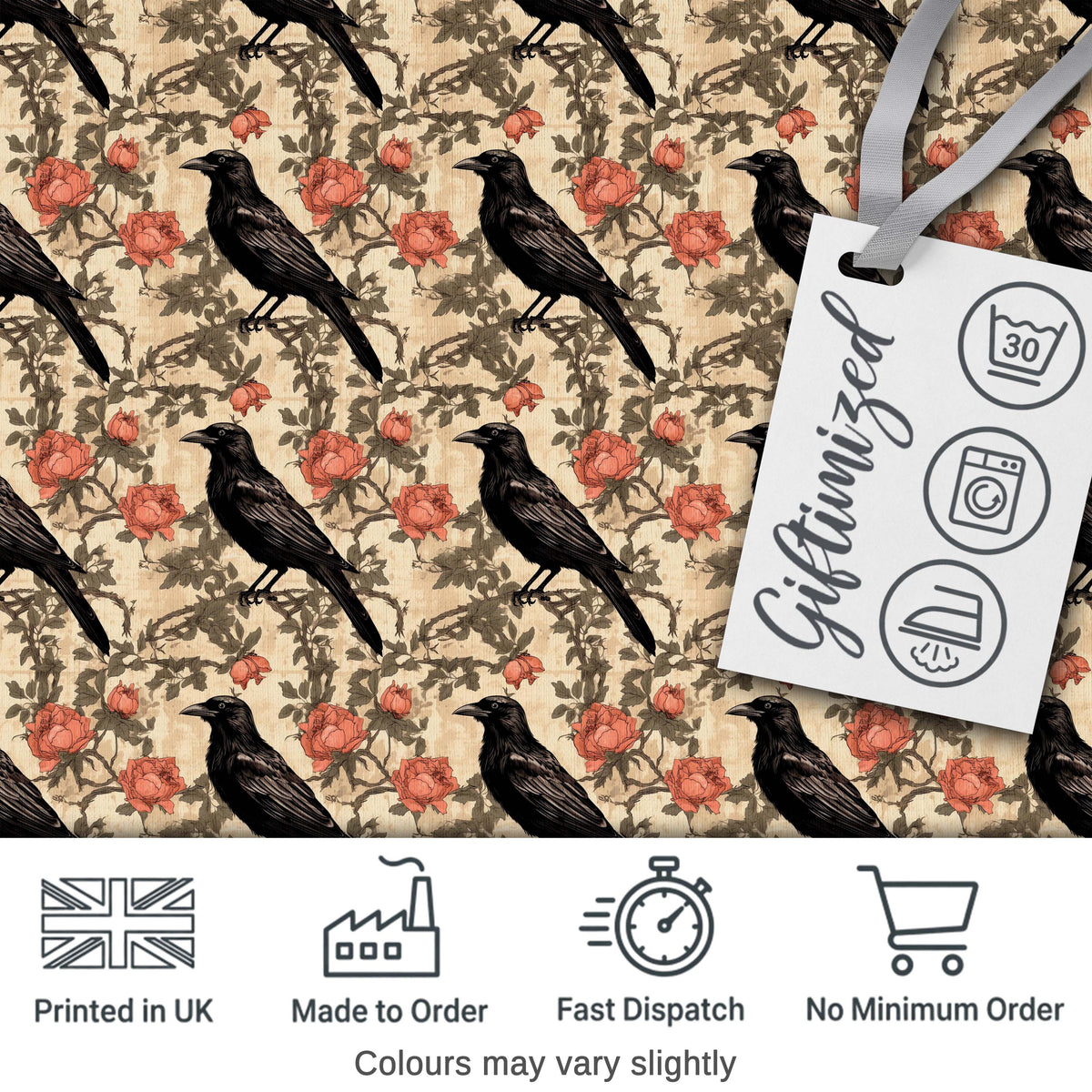 Black Crow and Rose Vintage Botanical Seamless Pattern Digital Print Fabric by the Metre UK Sewing Quilting Textile