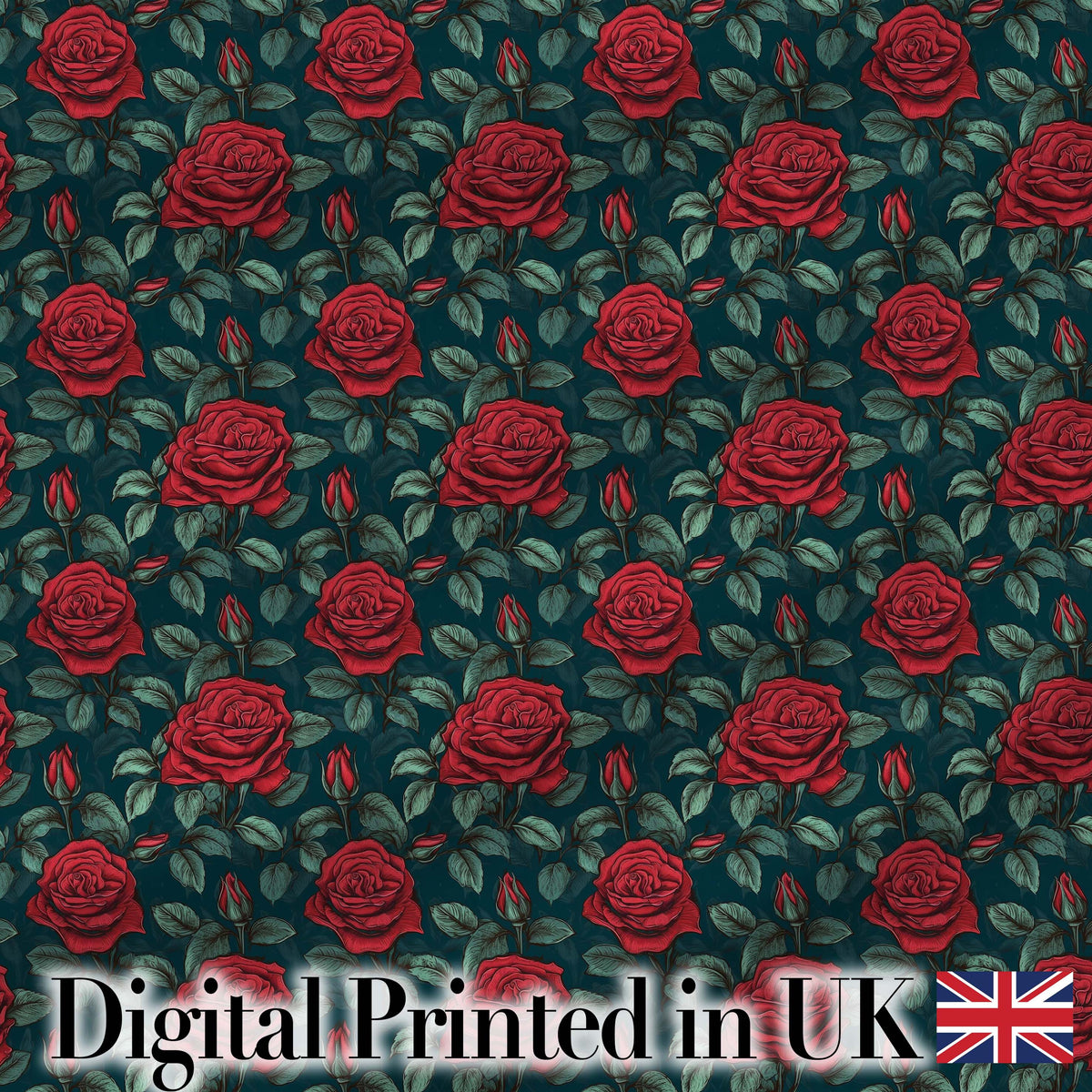 Elegant Red Rose Seamless Floral Pattern on Dark Teal Background Digital Print Fabric by the Metre UK Sewing Quilting Textile