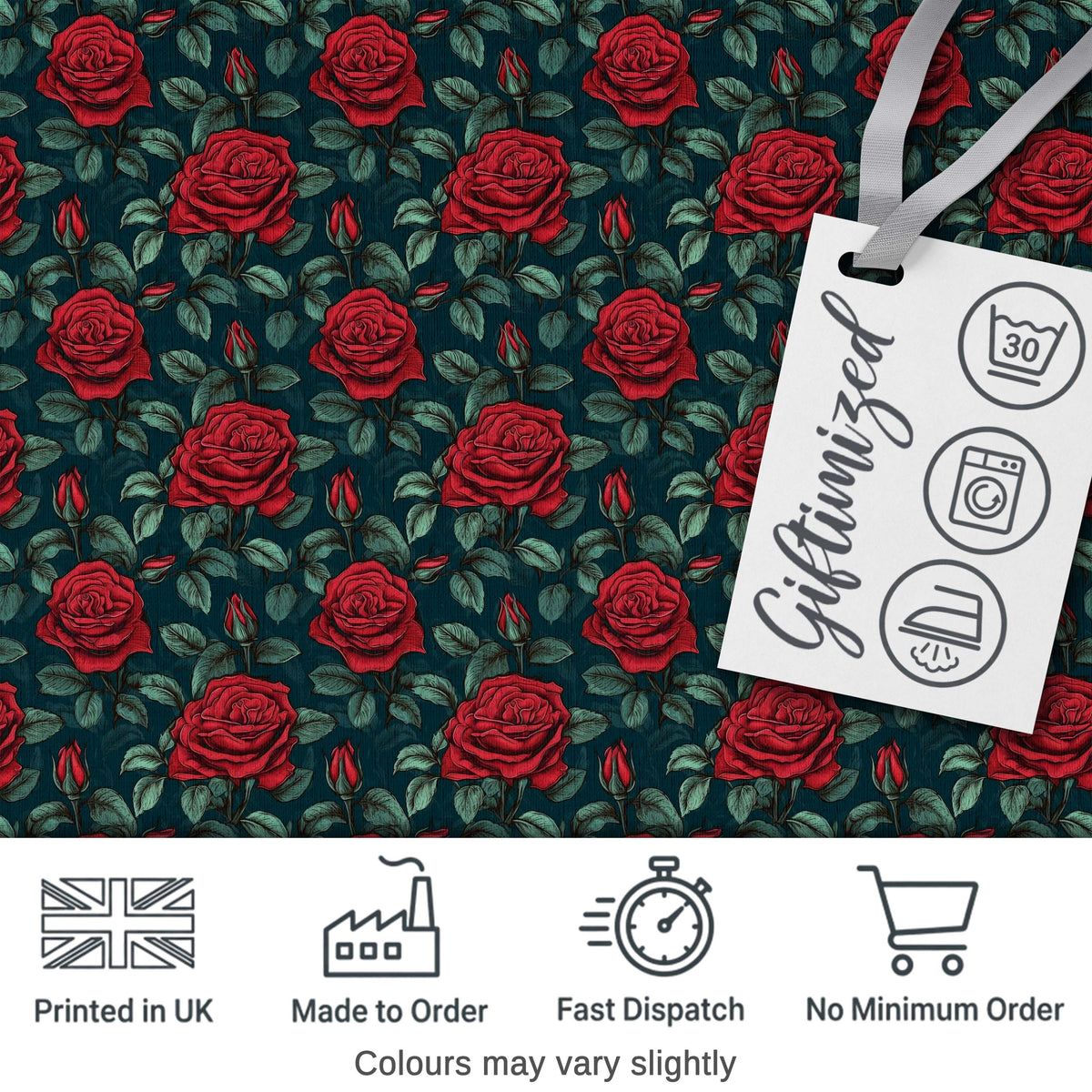 Elegant Red Rose Seamless Floral Pattern on Dark Teal Background Digital Print Fabric by the Metre UK Sewing Quilting Textile
