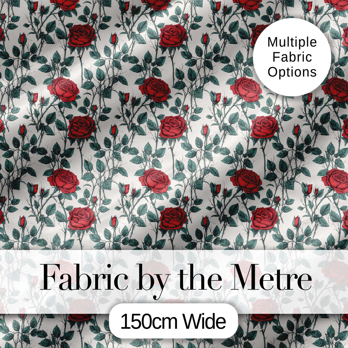 Classic Red Rose Botanical Seamless Pattern on Light Background Digital Print Fabric by the Metre UK Sewing Quilting Textile