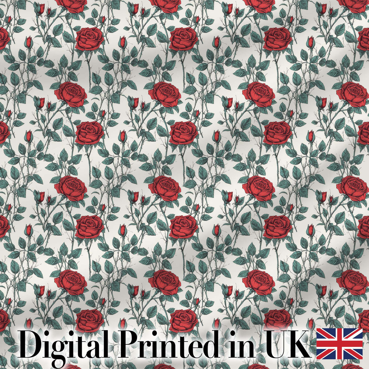 Classic Red Rose Botanical Seamless Pattern on Light Background Digital Print Fabric by the Metre UK Sewing Quilting Textile
