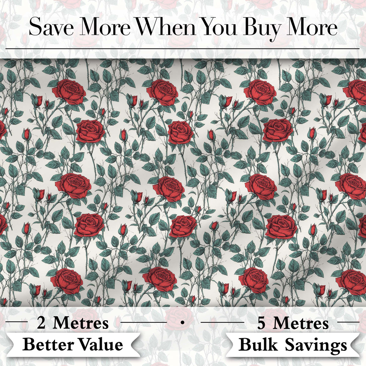Classic Red Rose Botanical Seamless Pattern on Light Background Digital Print Fabric by the Metre UK Sewing Quilting Textile