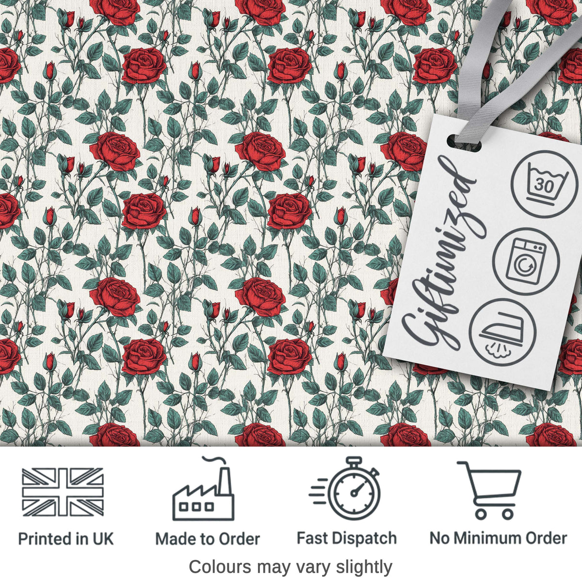 Classic Red Rose Botanical Seamless Pattern on Light Background Digital Print Fabric by the Metre UK Sewing Quilting Textile
