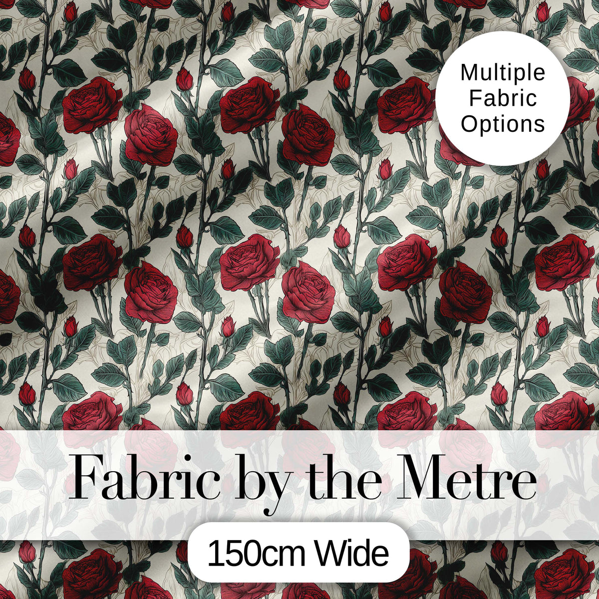 Natural Red Rose and Green Leaf Seamless Botanical Pattern Digital Print Fabric by the Metre UK Sewing Quilting Textile