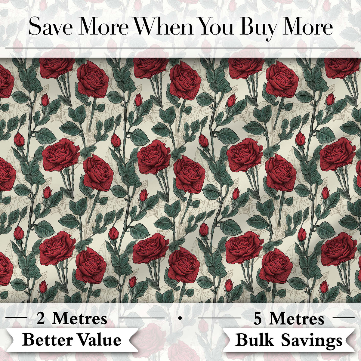 Natural Red Rose and Green Leaf Seamless Botanical Pattern Digital Print Fabric by the Metre UK Sewing Quilting Textile
