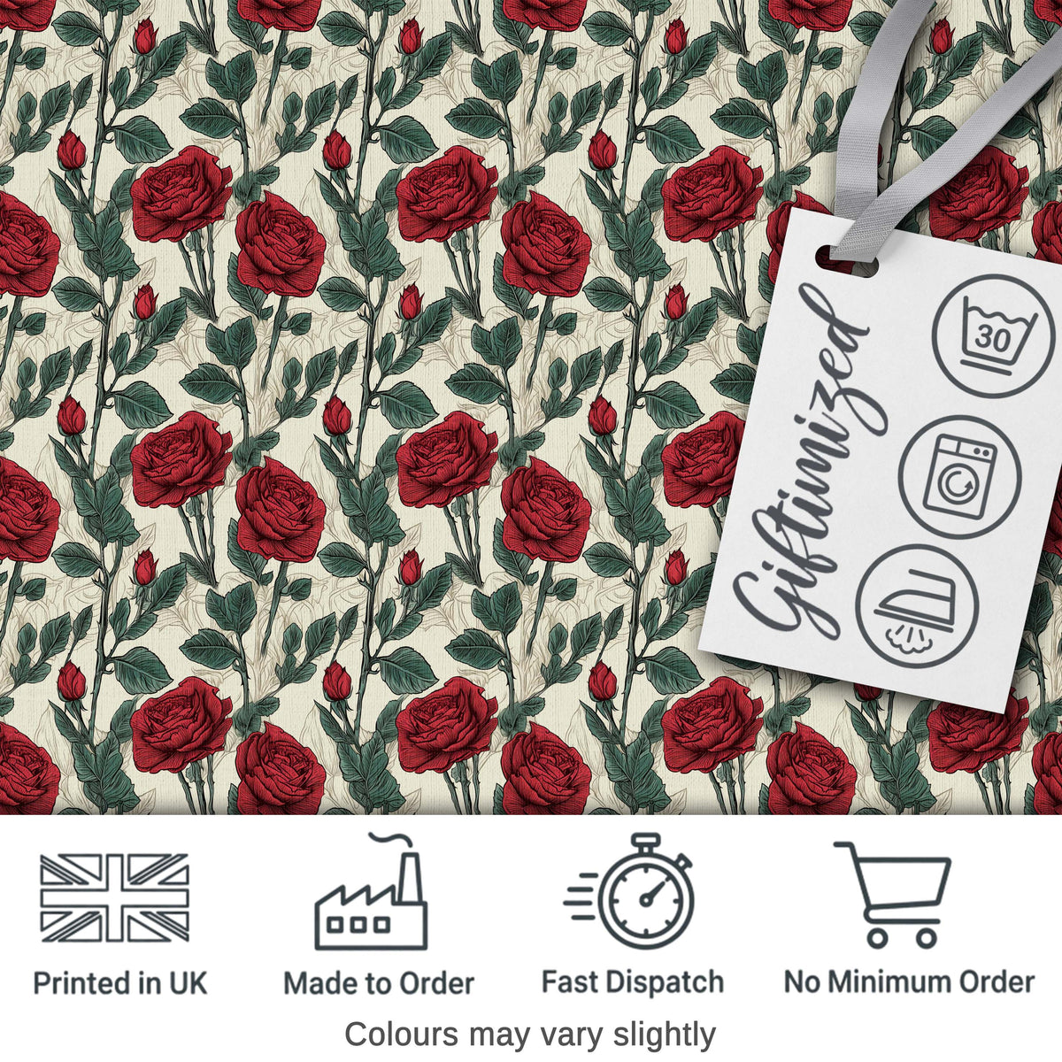 Natural Red Rose and Green Leaf Seamless Botanical Pattern Digital Print Fabric by the Metre UK Sewing Quilting Textile