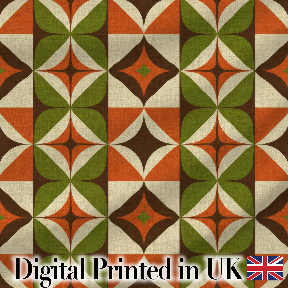 Mid Century Orange Green Star Tile Geometric Seamless Pattern Digital Print Fabric by the Metre UK Sewing Quilting Textile