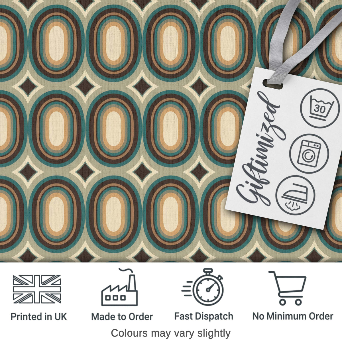 Oval Teal Beige Geometric Repeat Seamless Pattern Digital Print Fabric by the Metre UK Sewing Quilting Textile
