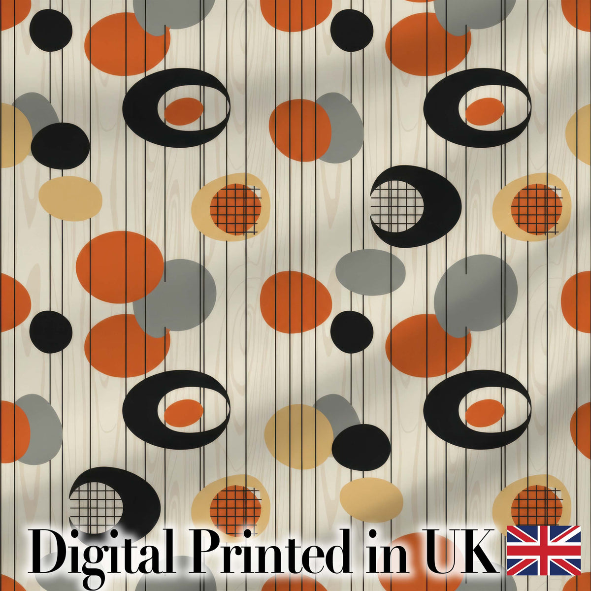 Abstract Black Orange Mid Century Atomic Shapes Seamless Pattern Digital Print Fabric by the Metre UK Sewing Quilting Textile
