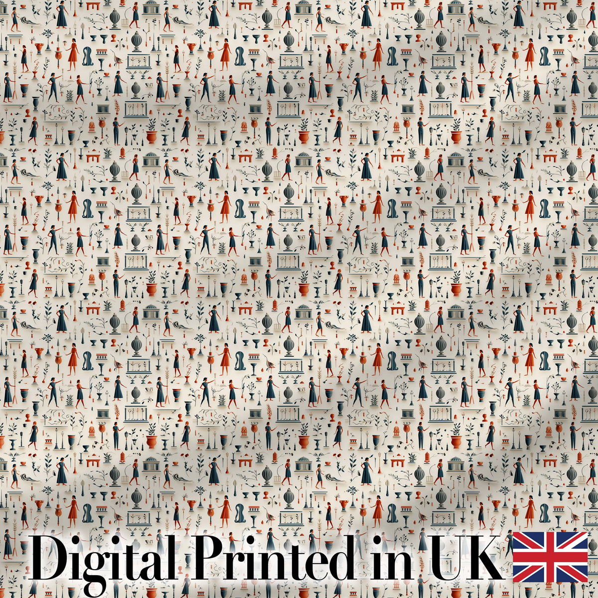 Detailed Vintage Illustration Figures Objects Seamless Pattern Digital Print Fabric by the Metre UK Sewing Quilting Textile