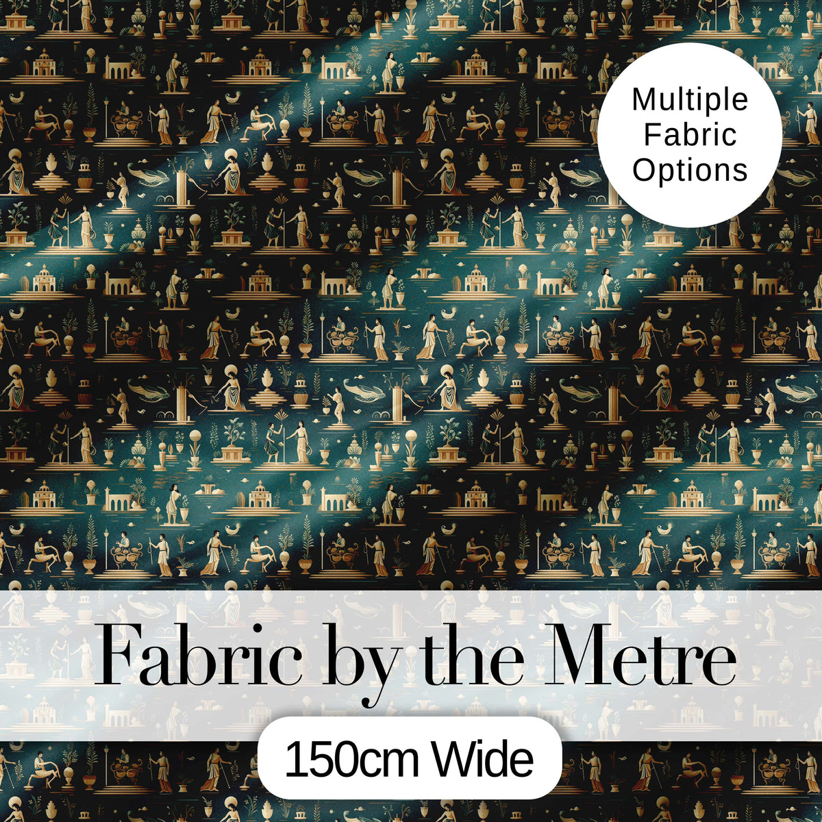 Ancient Greek Scene Architecture and Figures Seamless Pattern Classical Digital Print Fabric by the Metre UK Sewing Quilting Textile
