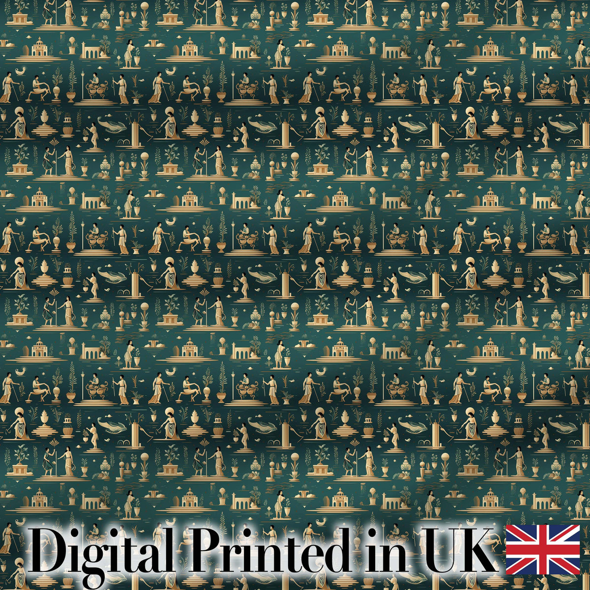 Ancient Greek Scene Architecture and Figures Seamless Pattern Classical Digital Print Fabric by the Metre UK Sewing Quilting Textile