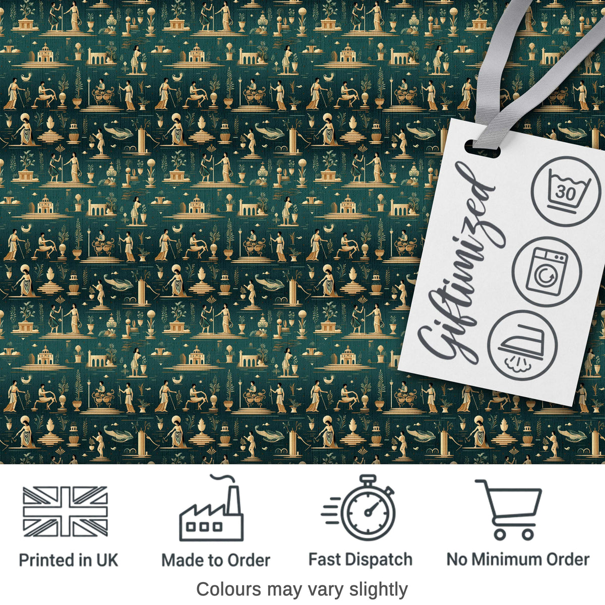 Ancient Greek Scene Architecture and Figures Seamless Pattern Classical Digital Print Fabric by the Metre UK Sewing Quilting Textile