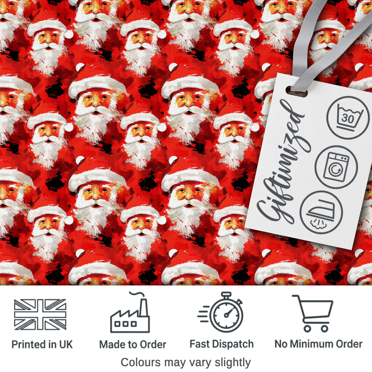 Painterly Santa Faces Red Abstract Christmas Festive Brushstroke Style Digital Print Fabric by the Metre UK Sewing Quilting Textile