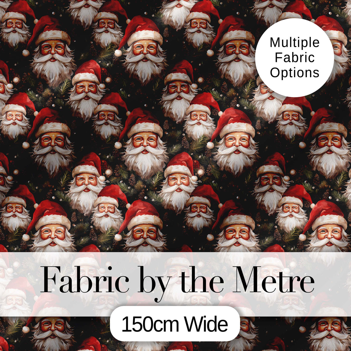 Realistic Santa Faces Pine Cones Evergreen Forest Rich Festive Detail Digital Print Fabric by the Metre UK Sewing Quilting Textile