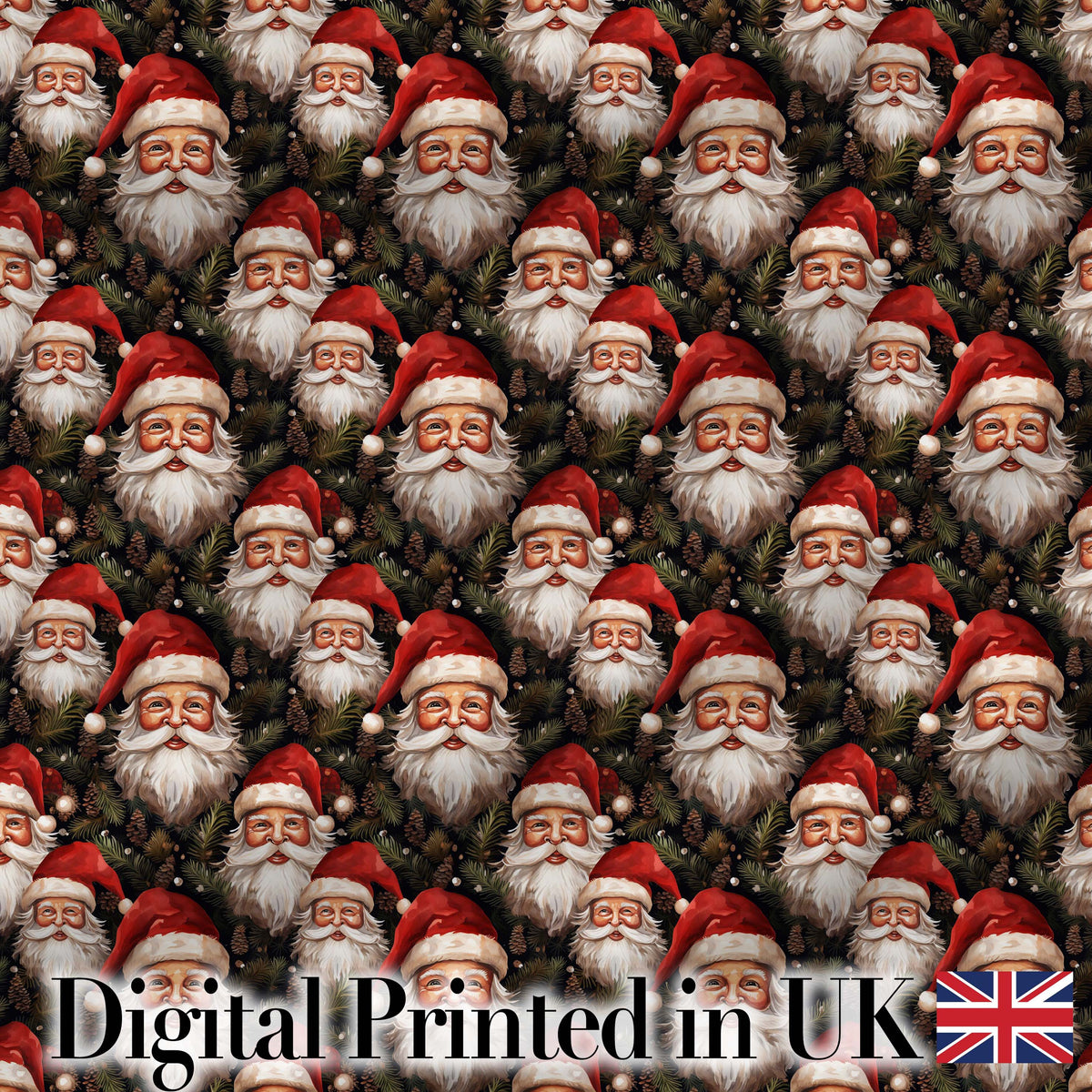 Realistic Santa Faces Pine Cones Evergreen Forest Rich Festive Detail Digital Print Fabric by the Metre UK Sewing Quilting Textile