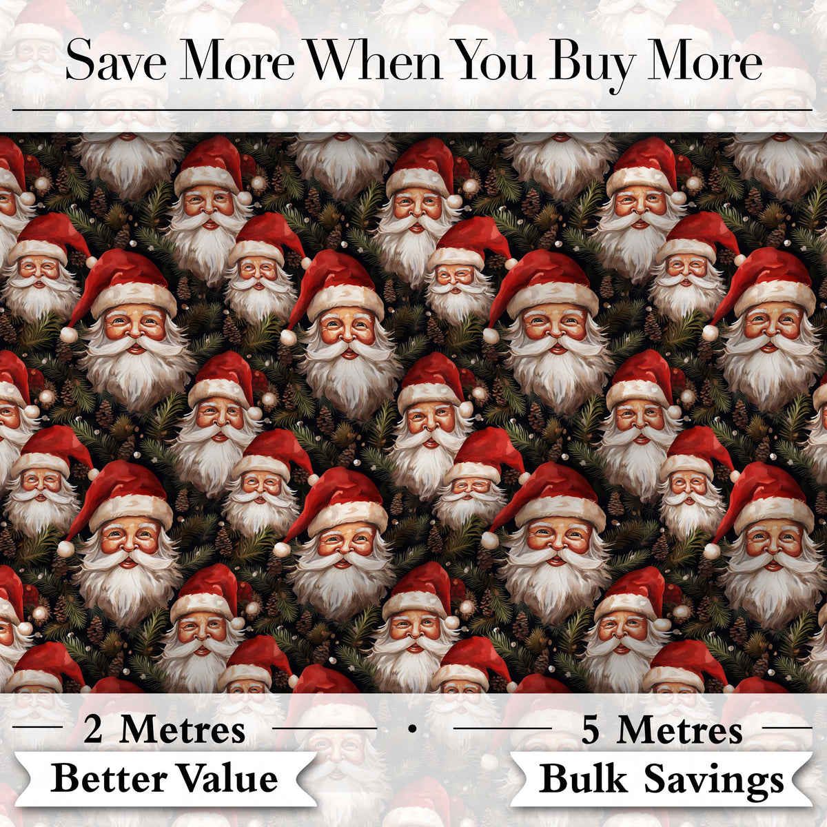 Realistic Santa Faces Pine Cones Evergreen Forest Rich Festive Detail Digital Print Fabric by the Metre UK Sewing Quilting Textile