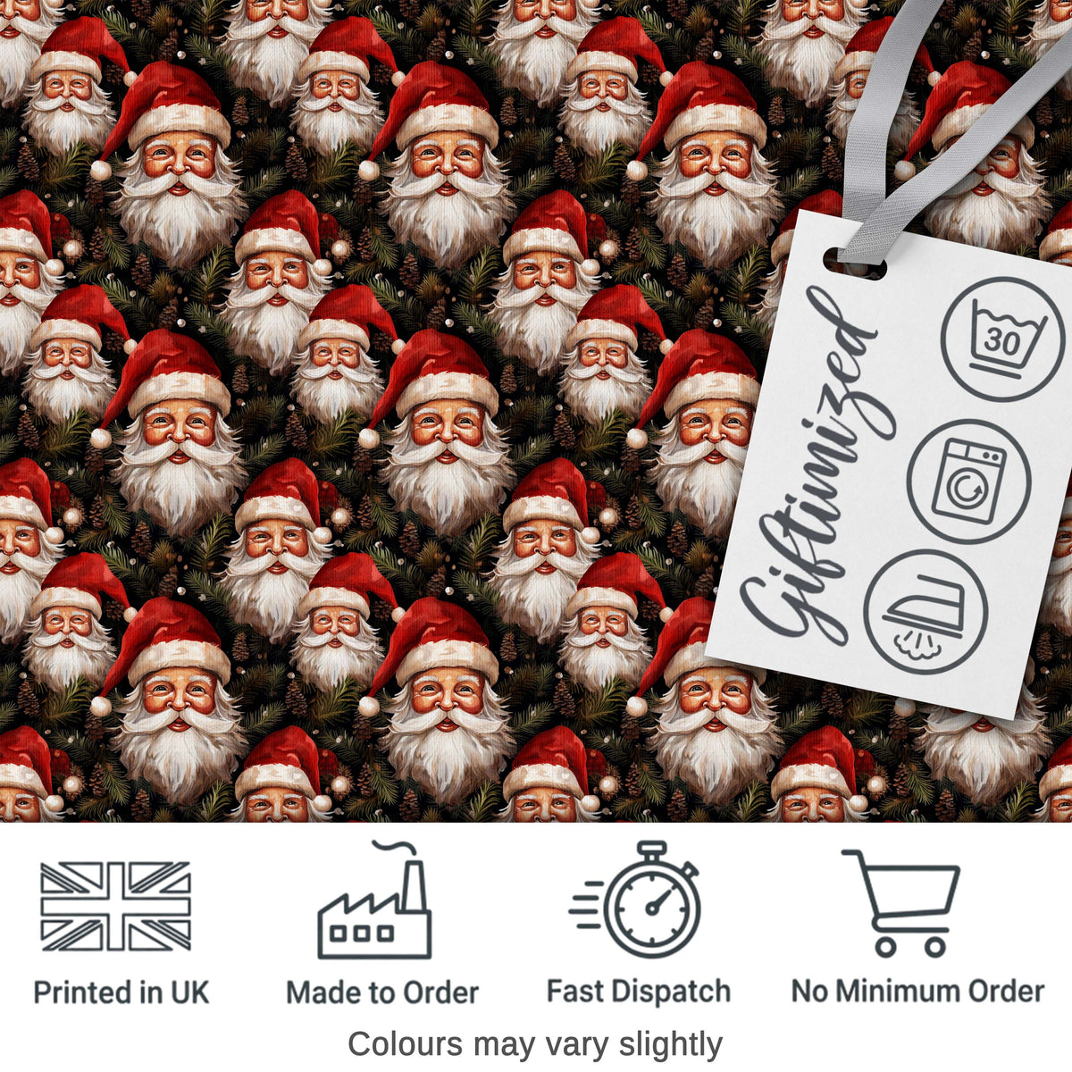 Realistic Santa Faces Pine Cones Evergreen Forest Rich Festive Detail Digital Print Fabric by the Metre UK Sewing Quilting Textile