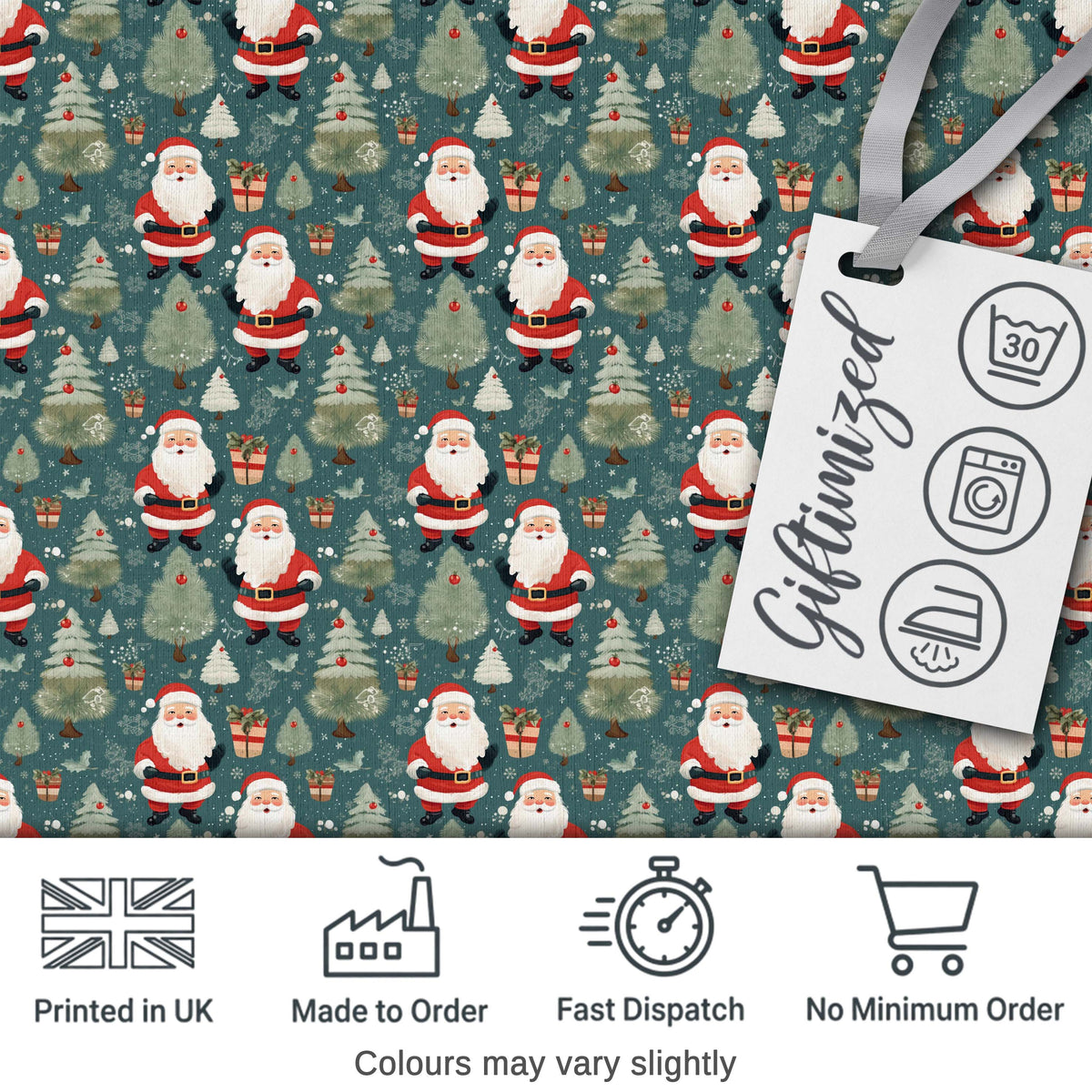 Cute Santa Trees Gifts Snowflakes Teal Christmas Whimsical Festive Digital Print Fabric by the Metre UK Sewing Quilting Textile