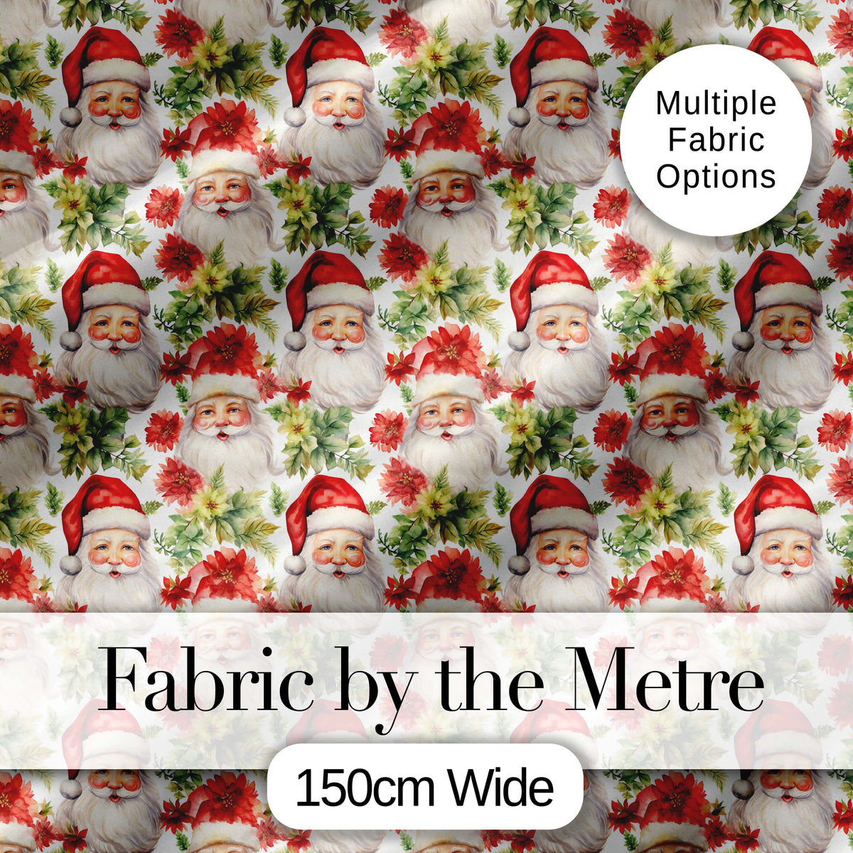 Watercolor Santa Faces Poinsettia Flowers Christmas Soft Festive Digital Print Fabric by the Metre UK Sewing Quilting Textile