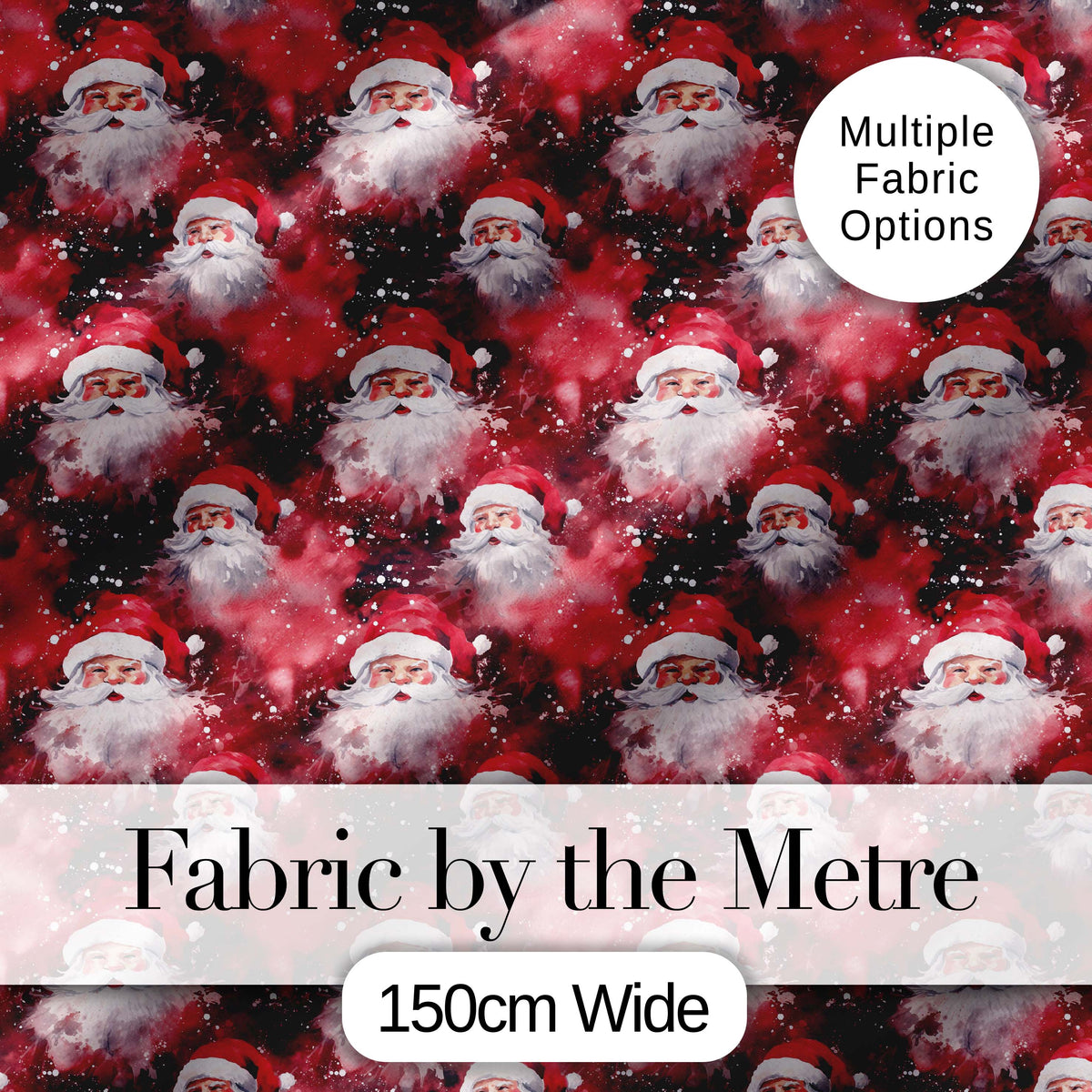 Watercolor Santa Faces Red Splash Background Snow Effect Christmas Digital Print Fabric by the Metre UK Sewing Quilting Textile