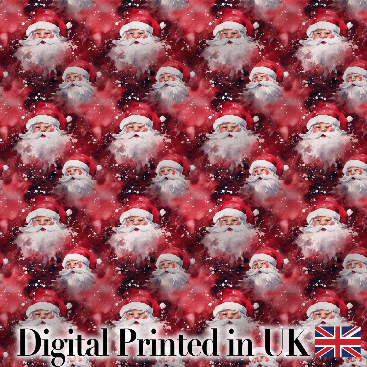 Watercolor Santa Faces Red Splash Background Snow Effect Christmas Digital Print Fabric by the Metre UK Sewing Quilting Textile