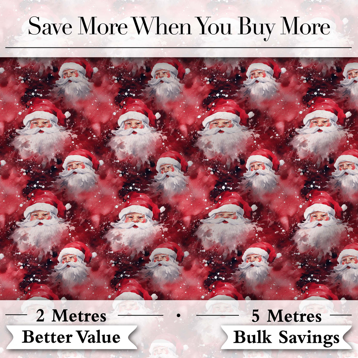 Watercolor Santa Faces Red Splash Background Snow Effect Christmas Digital Print Fabric by the Metre UK Sewing Quilting Textile