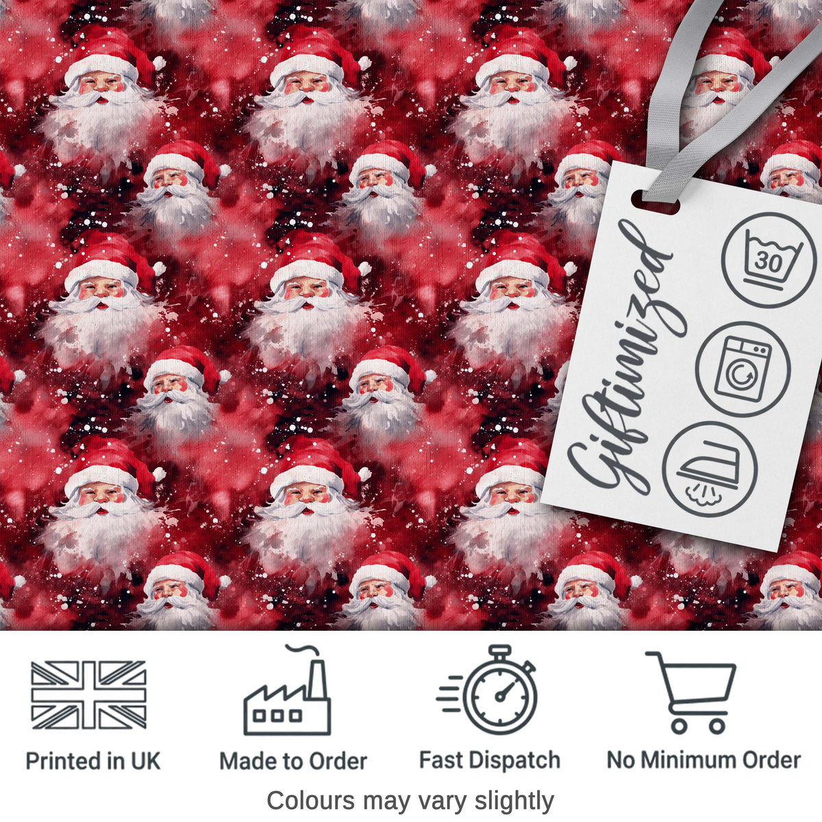 Watercolor Santa Faces Red Splash Background Snow Effect Christmas Digital Print Fabric by the Metre UK Sewing Quilting Textile
