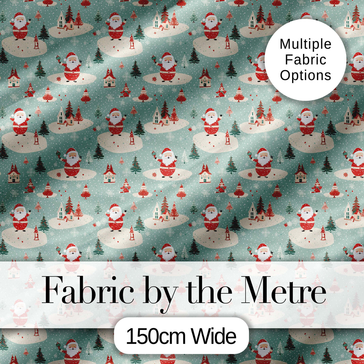 Santa Village Trees Houses Snowy Landscape Christmas Festive Scene Digital Print Fabric by the Metre UK Sewing Quilting Textile