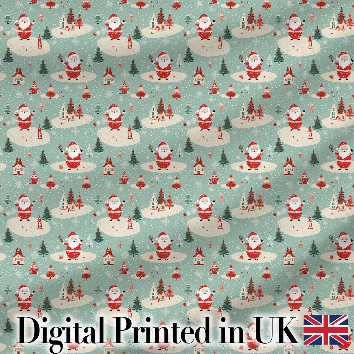 Santa Village Trees Houses Snowy Landscape Christmas Festive Scene Digital Print Fabric by the Metre UK Sewing Quilting Textile