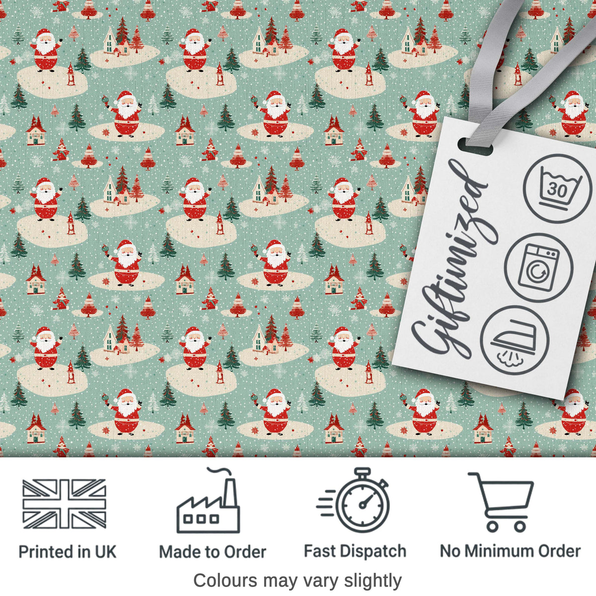 Santa Village Trees Houses Snowy Landscape Christmas Festive Scene Digital Print Fabric by the Metre UK Sewing Quilting Textile