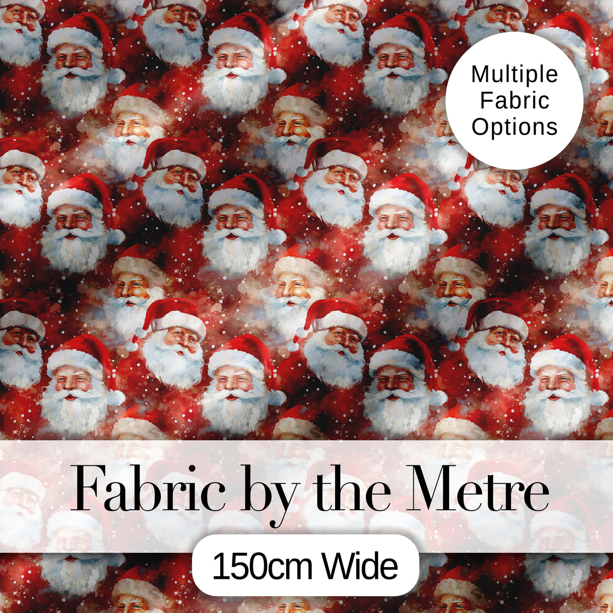 Vintage Style Santa Faces Snowy Red Background Christmas Seamless Pattern Digital Print Fabric by the Metre UK Sewing Quilting Textile