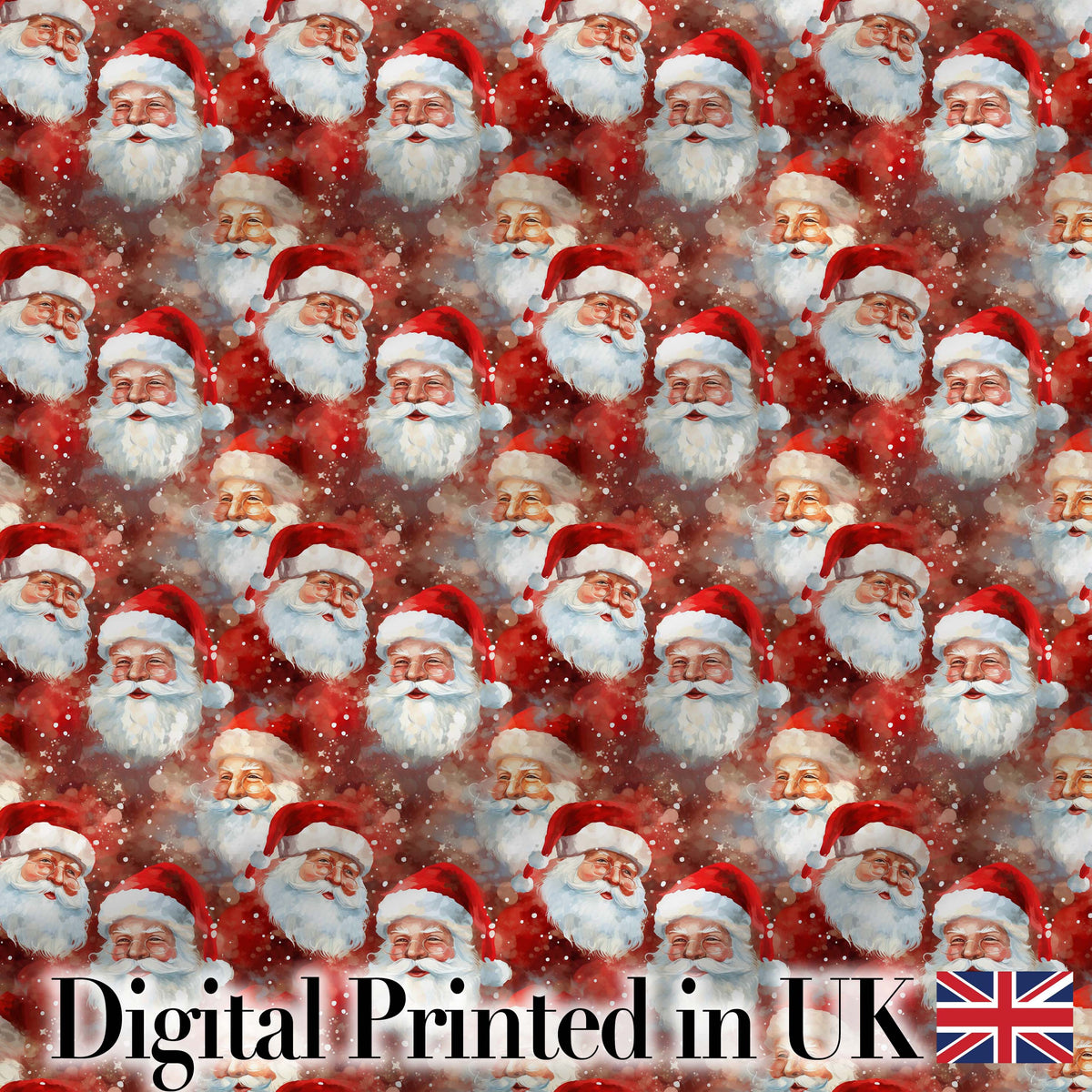 Vintage Style Santa Faces Snowy Red Background Christmas Seamless Pattern Digital Print Fabric by the Metre UK Sewing Quilting Textile