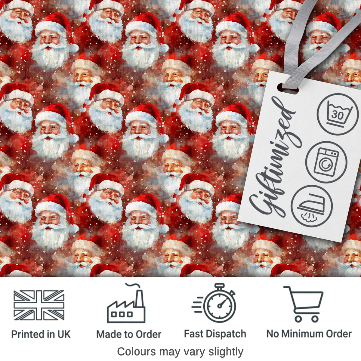 Vintage Style Santa Faces Snowy Red Background Christmas Seamless Pattern Digital Print Fabric by the Metre UK Sewing Quilting Textile