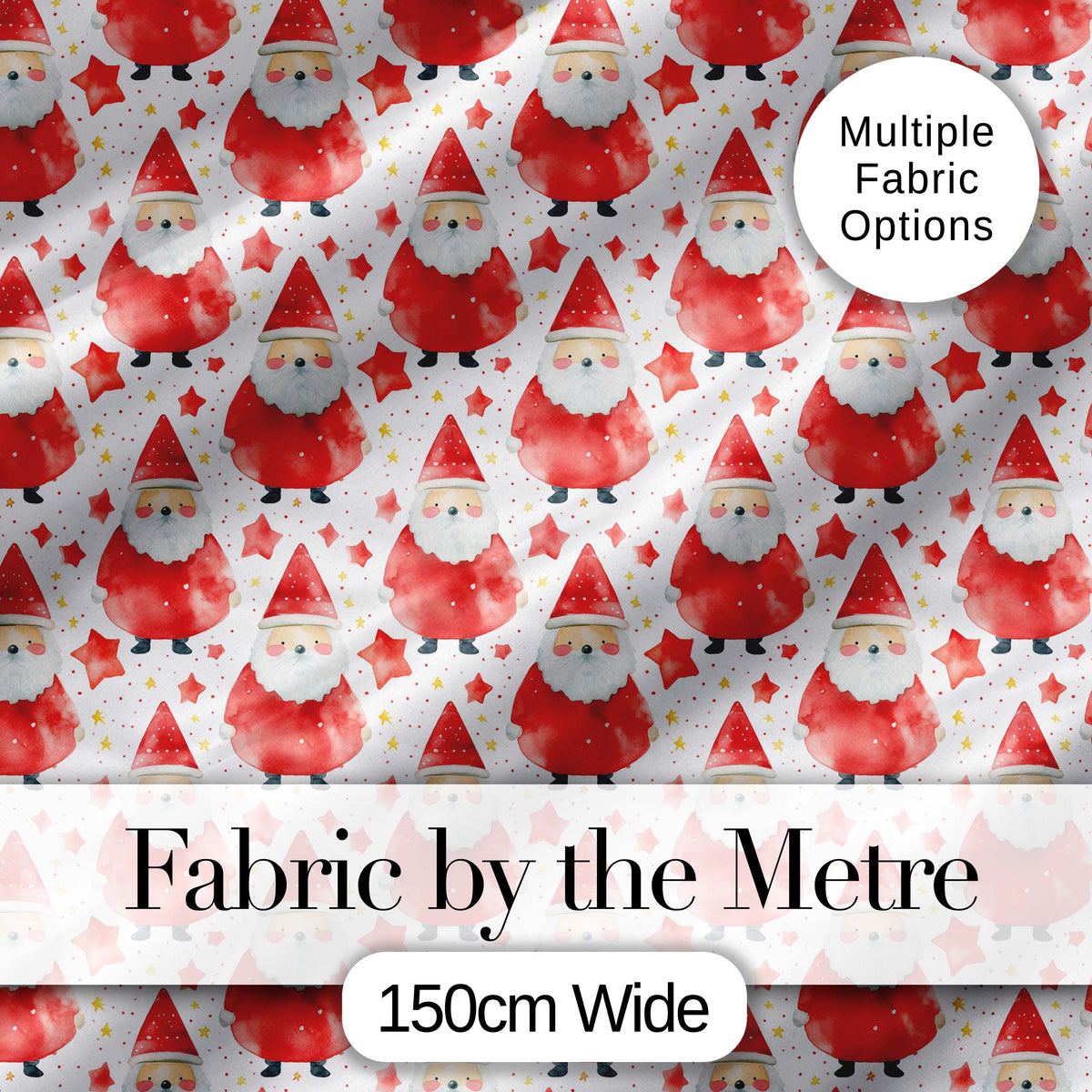 Watercolor Santa Stars White Background Cute Christmas Soft Festive Digital Print Fabric by the Metre UK Sewing Quilting Textile