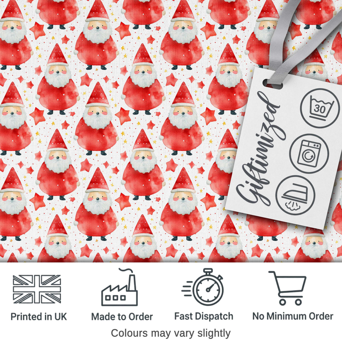 Watercolor Santa Stars White Background Cute Christmas Soft Festive Digital Print Fabric by the Metre UK Sewing Quilting Textile