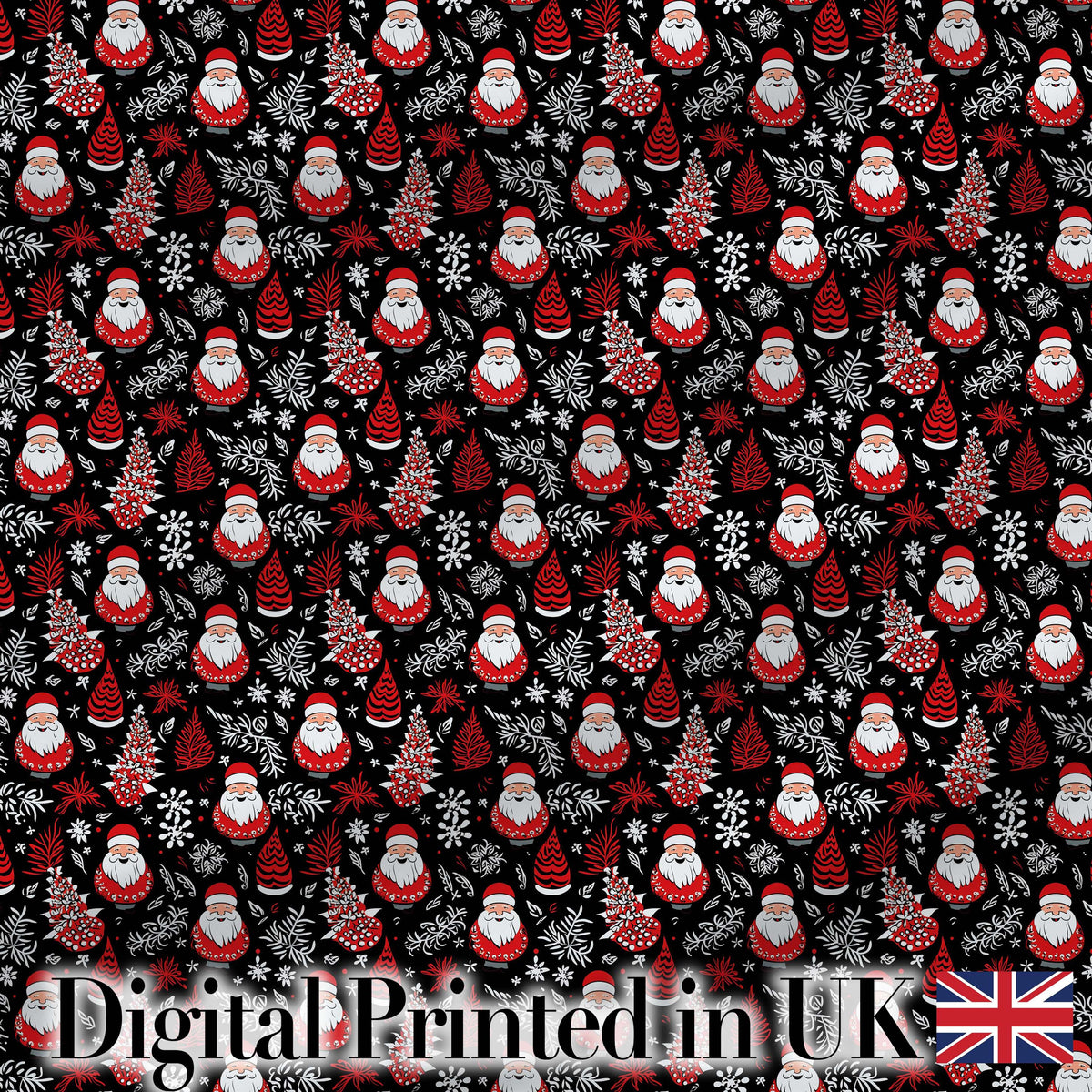 Festive Santa Folk Black Background Red White Winter Christmas Digital Print Fabric by the Metre UK Sewing Quilting Textile