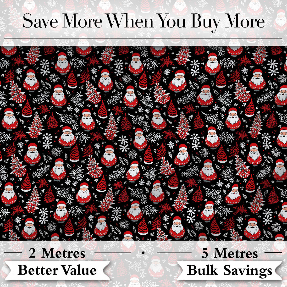 Festive Santa Folk Black Background Red White Winter Christmas Digital Print Fabric by the Metre UK Sewing Quilting Textile