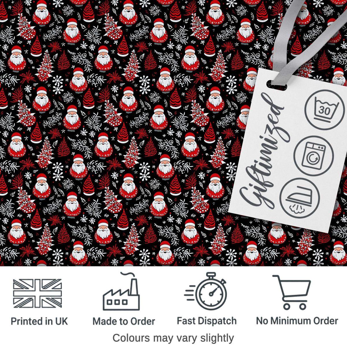 Festive Santa Folk Black Background Red White Winter Christmas Digital Print Fabric by the Metre UK Sewing Quilting Textile