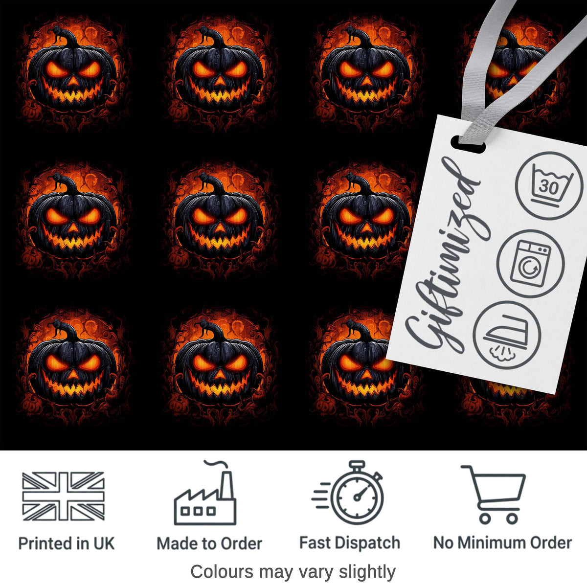 Glowing Halloween Pumpkin Fire Eyes Dark Seamless Pattern Creepy Autumn Design Digital Print Fabric by the Metre UK Sewing Quilting Textile