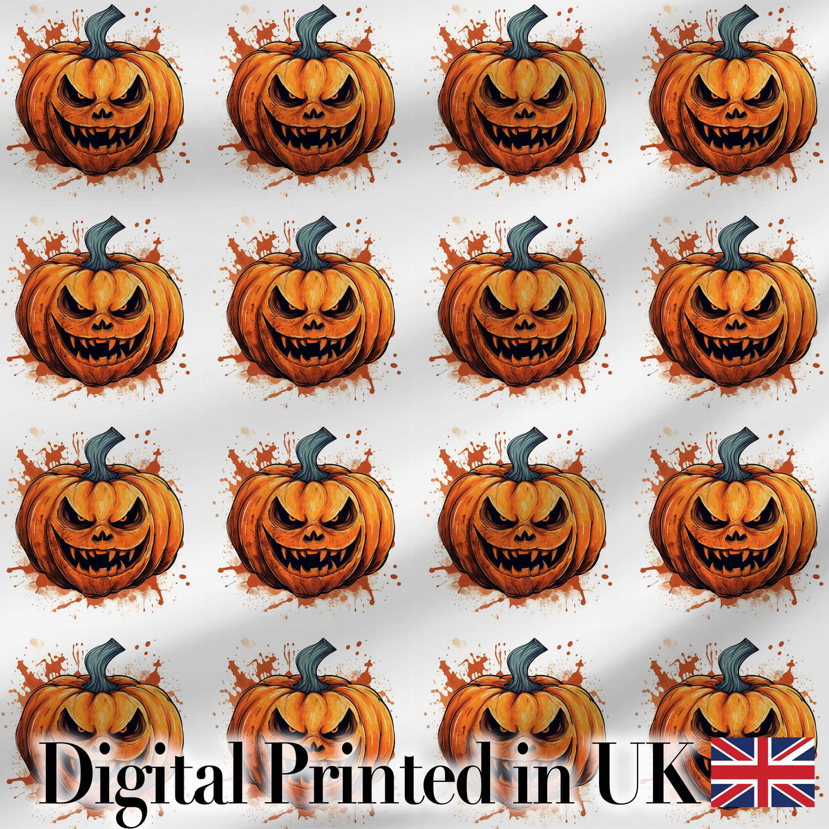 Grunge Style Pumpkin Splash White Background Halloween Seamless Pattern Digital Print Fabric by the Metre UK Sewing Quilting Textile