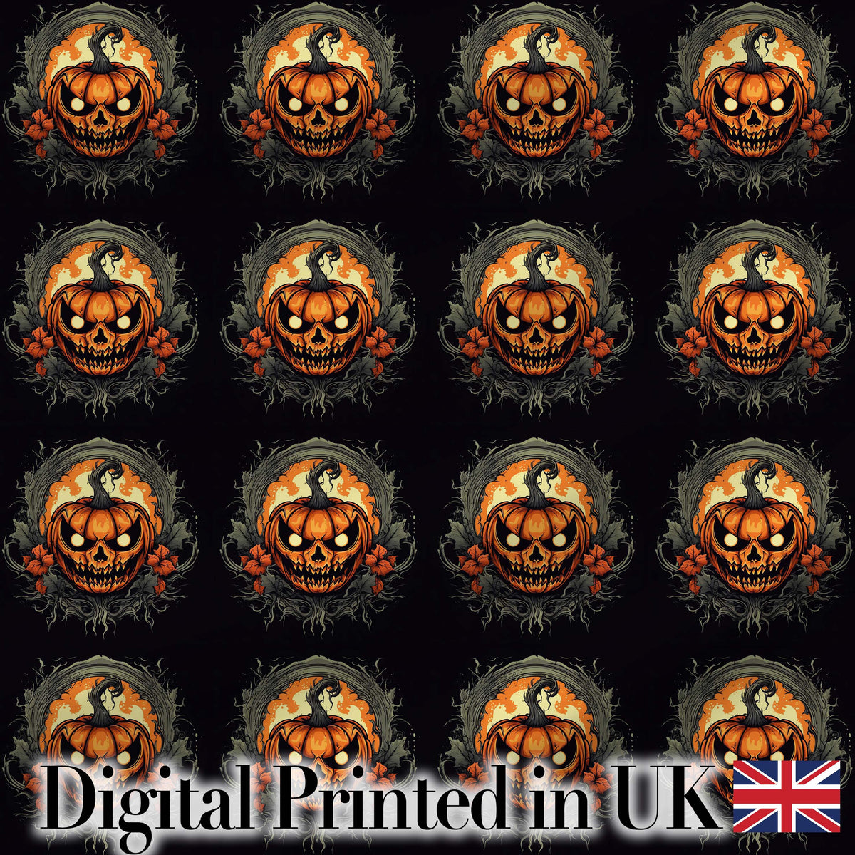 Haunted Pumpkin Skull Floral Dark Background Halloween Seamless Pattern Digital Print Fabric by the Metre UK Sewing Quilting Textile