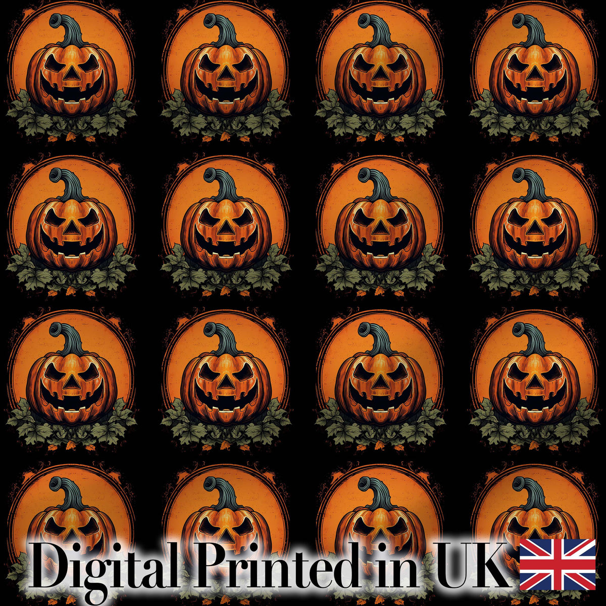 Cute Carved Pumpkin Leaves Black Background Halloween Seamless Pattern Digital Print Fabric by the Metre UK Sewing Quilting Textile