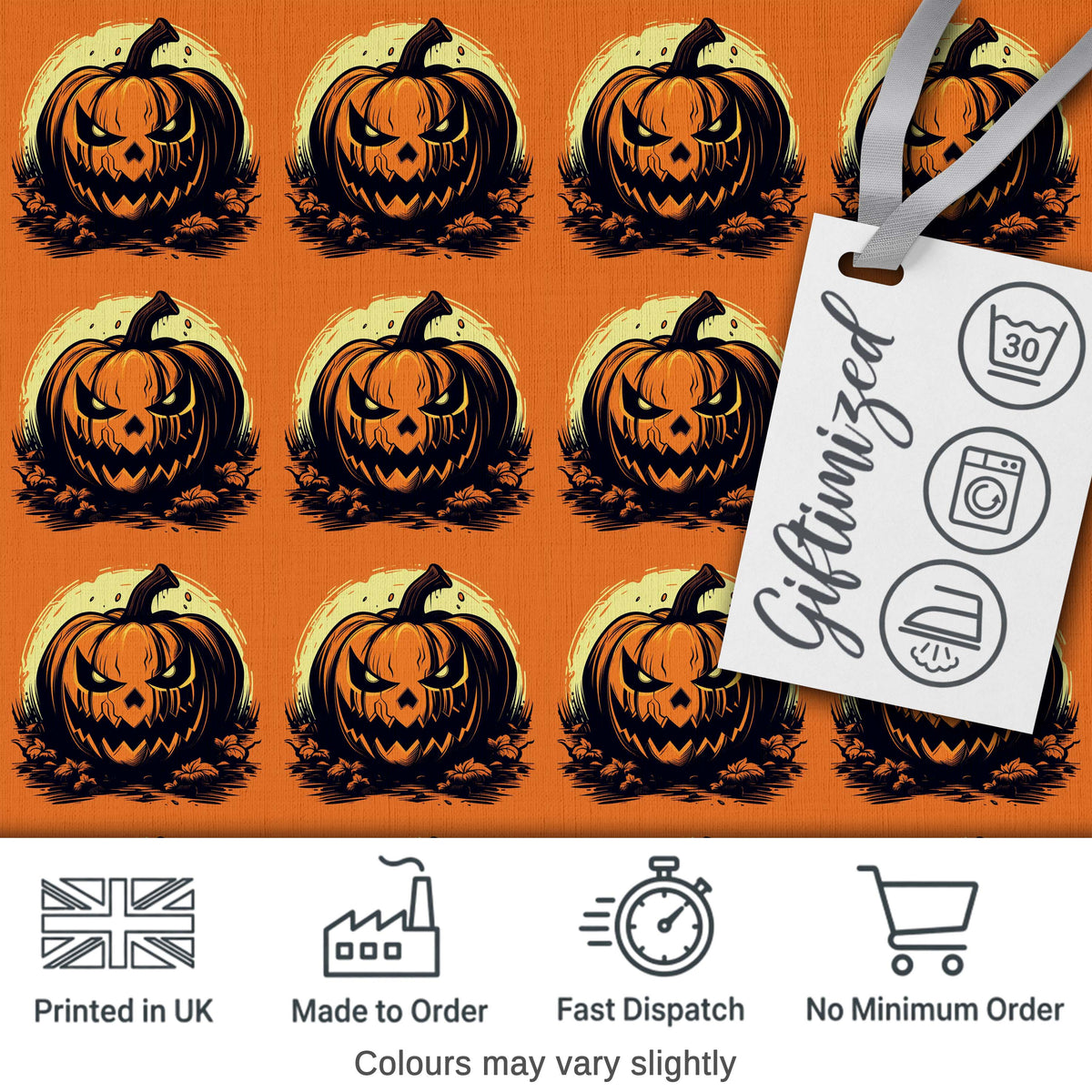 Spooky Jack O Lantern Orange Background Classic Halloween Seamless Pattern Digital Print Fabric by the Metre UK Sewing Quilting Textile