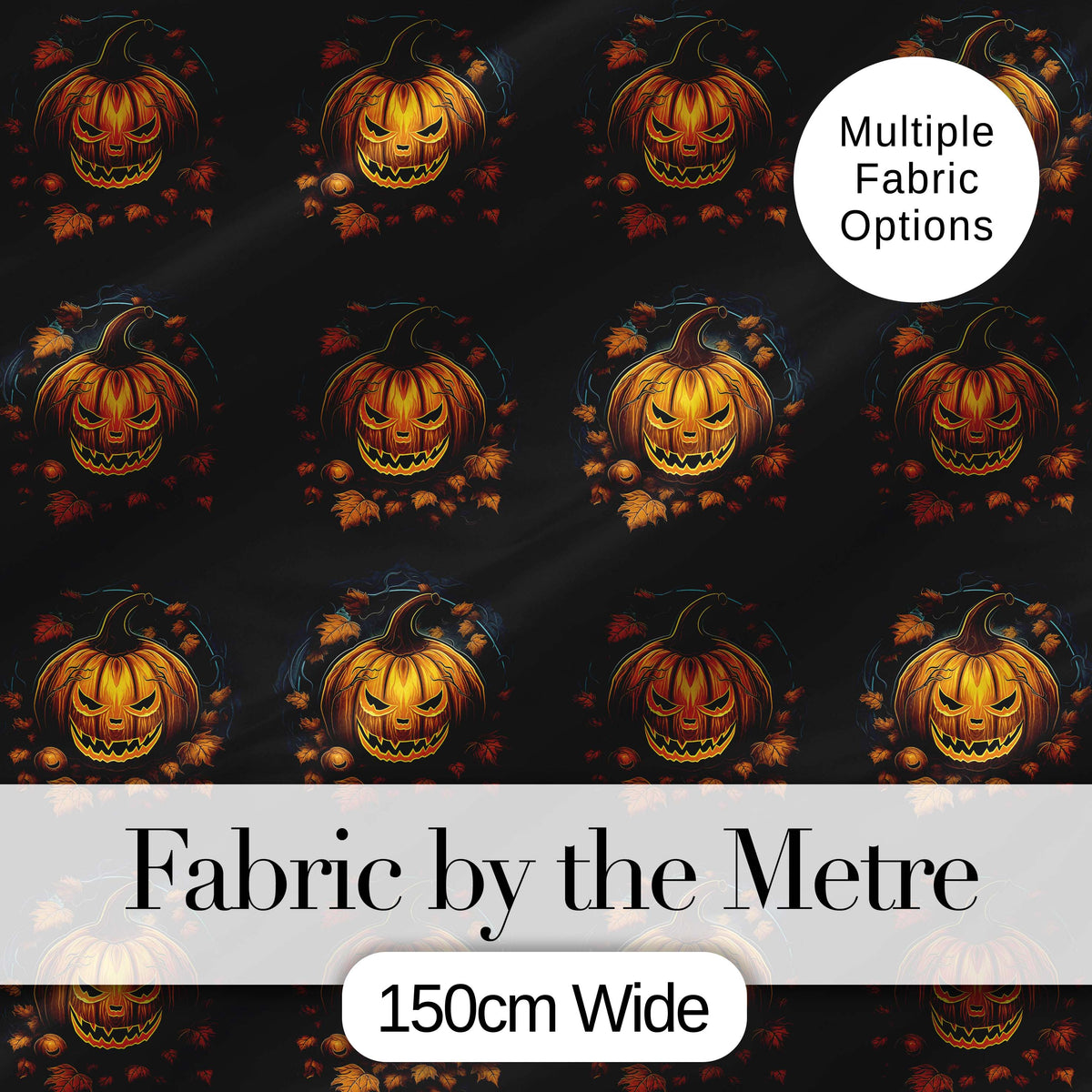 Glowing Pumpkin Autumn Wreath Dark Background Halloween Seamless Pattern Digital Print Fabric by the Metre UK Sewing Quilting Textile