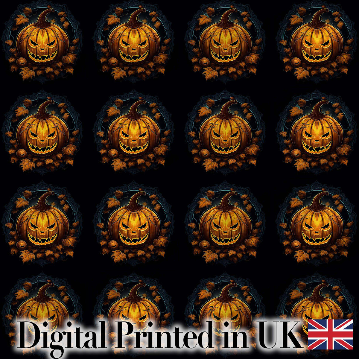 Glowing Pumpkin Autumn Wreath Dark Background Halloween Seamless Pattern Digital Print Fabric by the Metre UK Sewing Quilting Textile