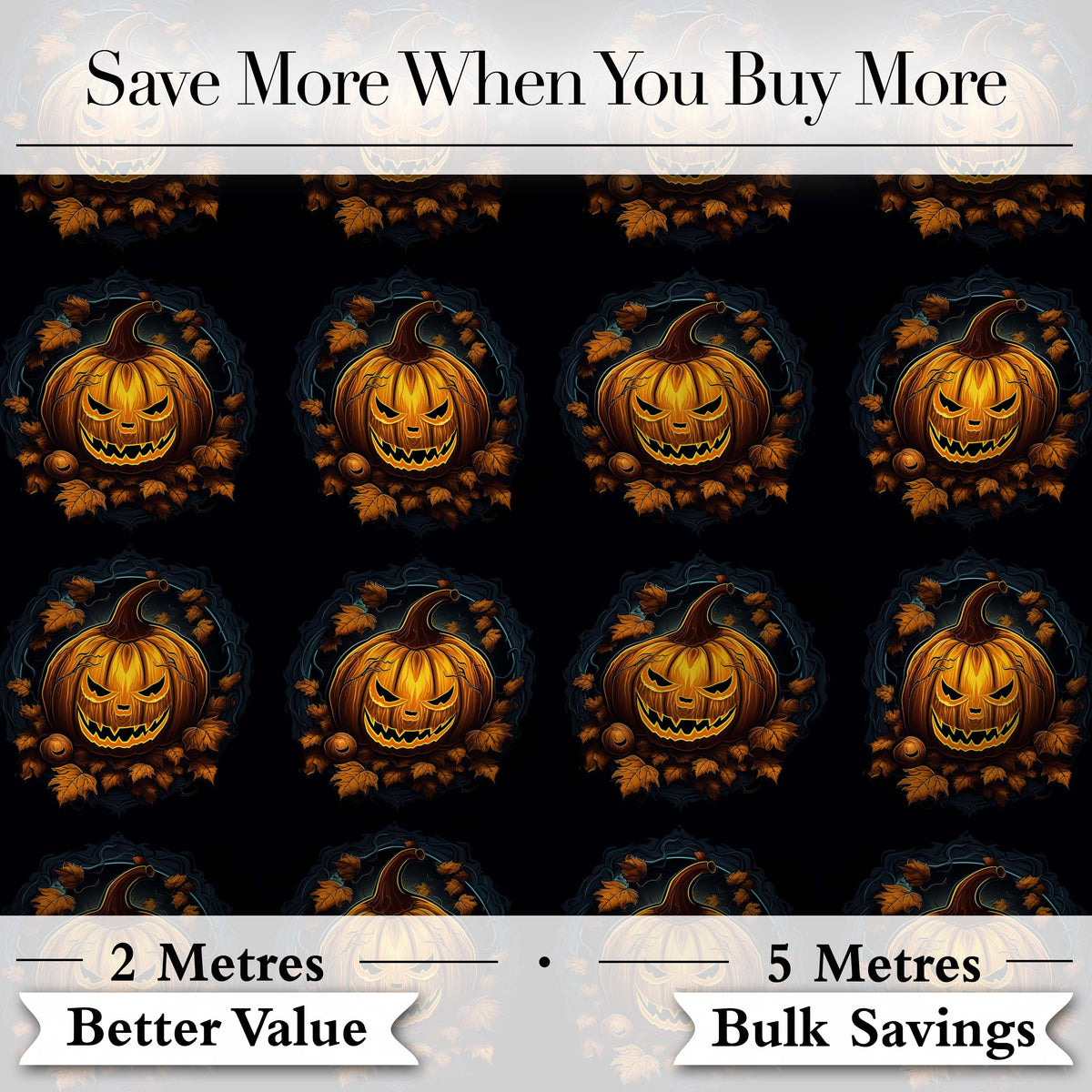 Glowing Pumpkin Autumn Wreath Dark Background Halloween Seamless Pattern Digital Print Fabric by the Metre UK Sewing Quilting Textile