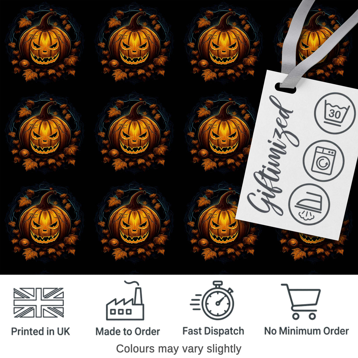 Glowing Pumpkin Autumn Wreath Dark Background Halloween Seamless Pattern Digital Print Fabric by the Metre UK Sewing Quilting Textile
